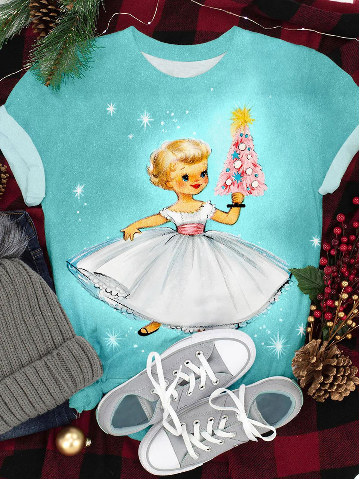 Pink Christmas Tree Girl Crew Neck T-shirt