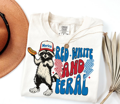 Red White And Feral Funny Raccoon Shirt