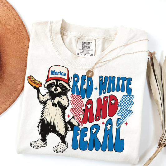 Red White And Feral Funny Raccoon T-shirt