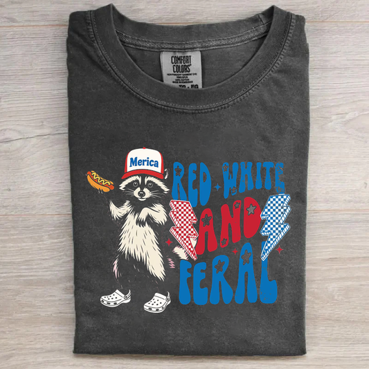 Vintage Red White And Feral Hotdog Raccoon Funny Tee