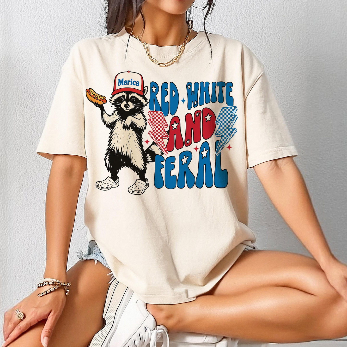 Red White And Feral Funny Raccoon T-shirt