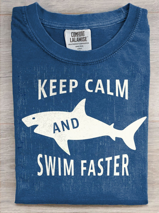 Keep Calm Swim Faster Shark Art Print Casaul Short Sleeve T-shirt
