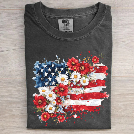 Floral American Flag Retro Patriotic Tee