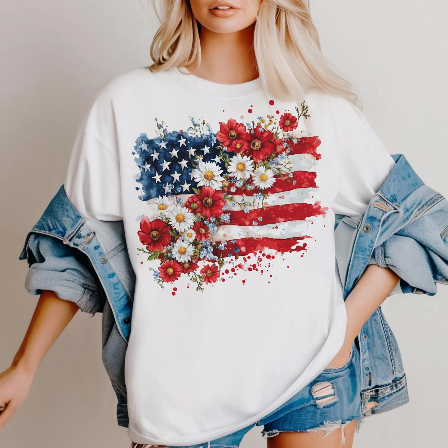 Floral American Flag Printed T-shirt