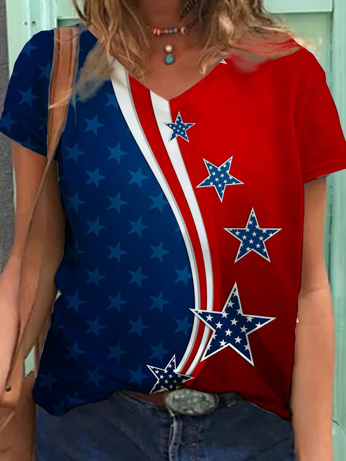 Flag Print V-Neck Short Sleeve Top