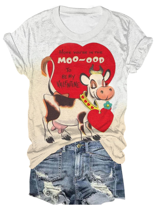Vintage Retro Cartoon Love Dairy Cow Crew Neck T-Shirt