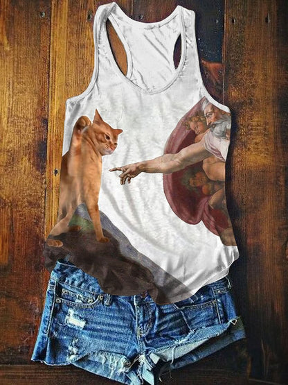 Funny Cat Art Print Casual Tank Top