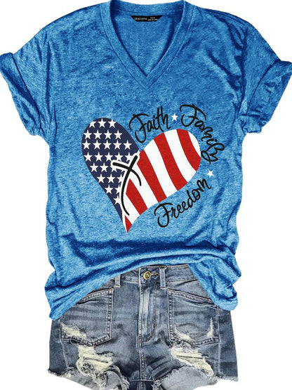 American Flag Print Faith Family Freedom Letter Casual Short Sleeve T-Shirt