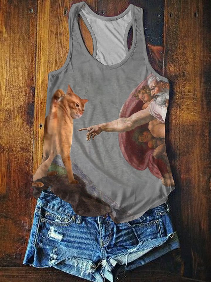 Funny Cat Art Print Casual Tank Top
