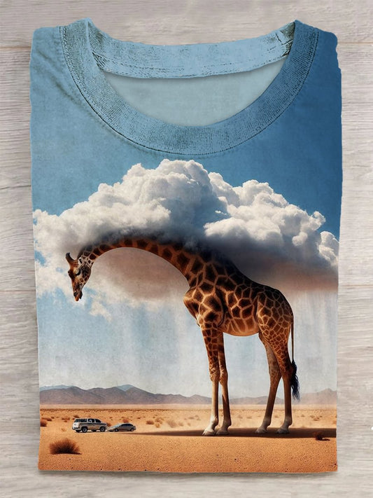 Unisex Giraffe Printed Vintage Fashion Loose Short Sleeve T-Shirt