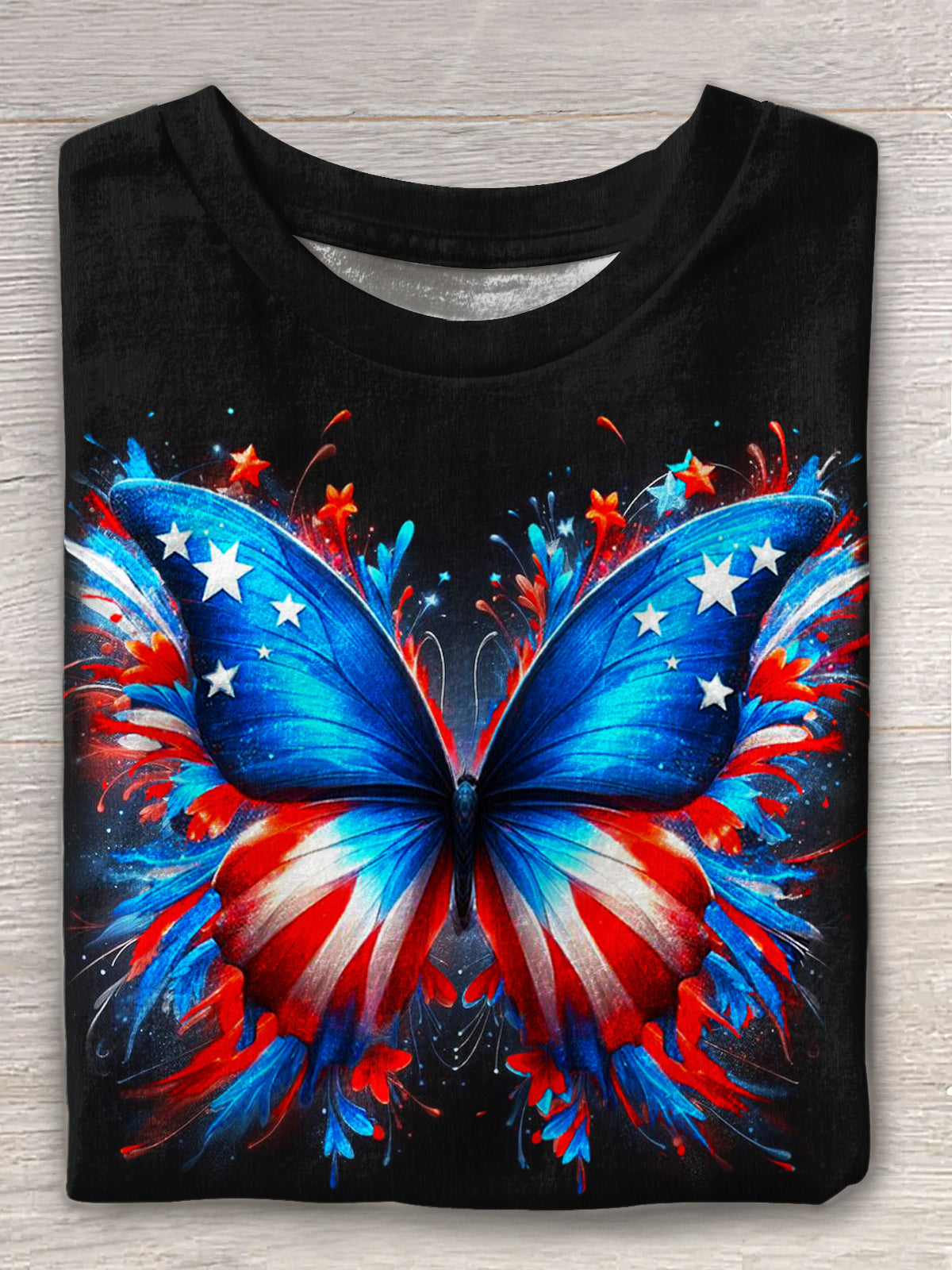 Independence Day Flag Butterfly Printed Crew Neck T-shirt
