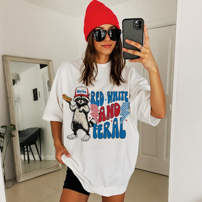 Red White And Feral Funny Raccoon Shirt
