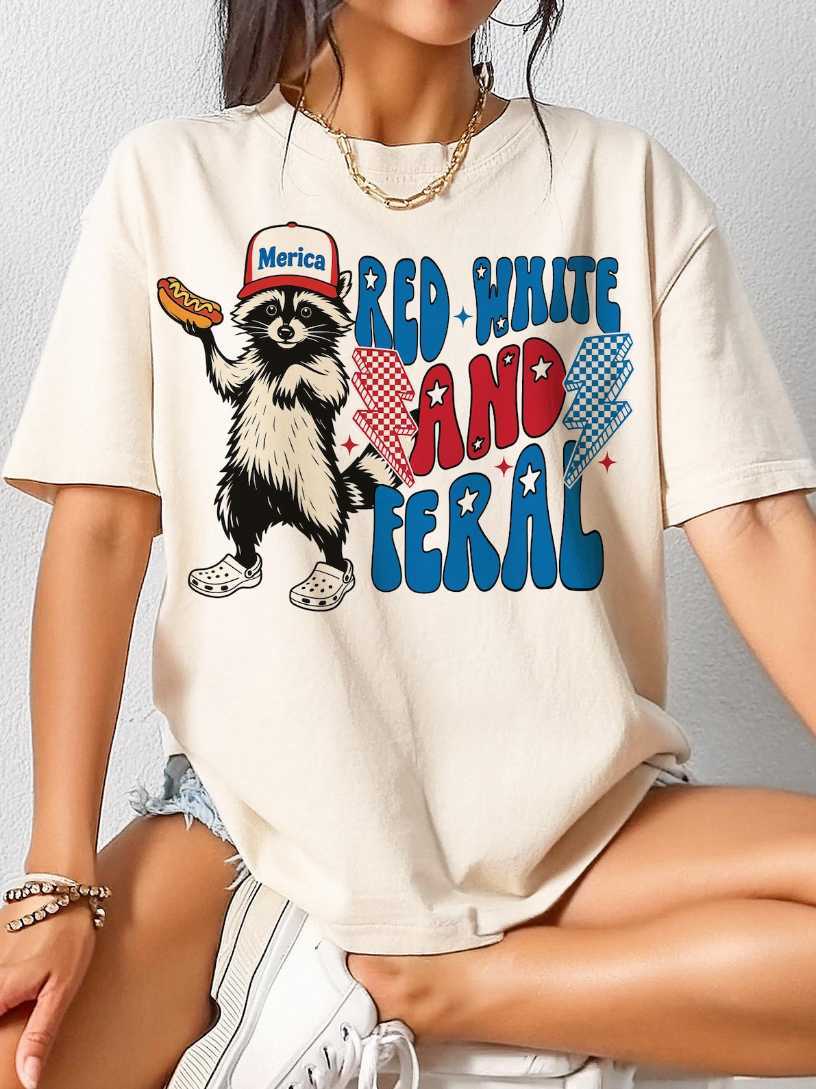 Red White And Feral Funny Raccoon Shirt