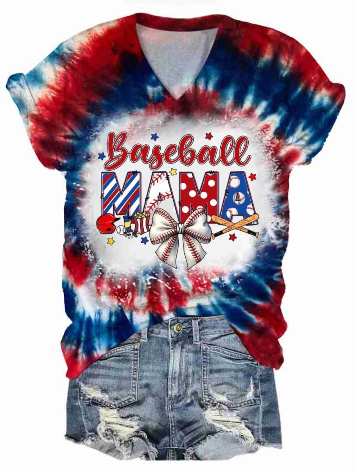 Women's Baseball Mama Print V-Neck T-shirt