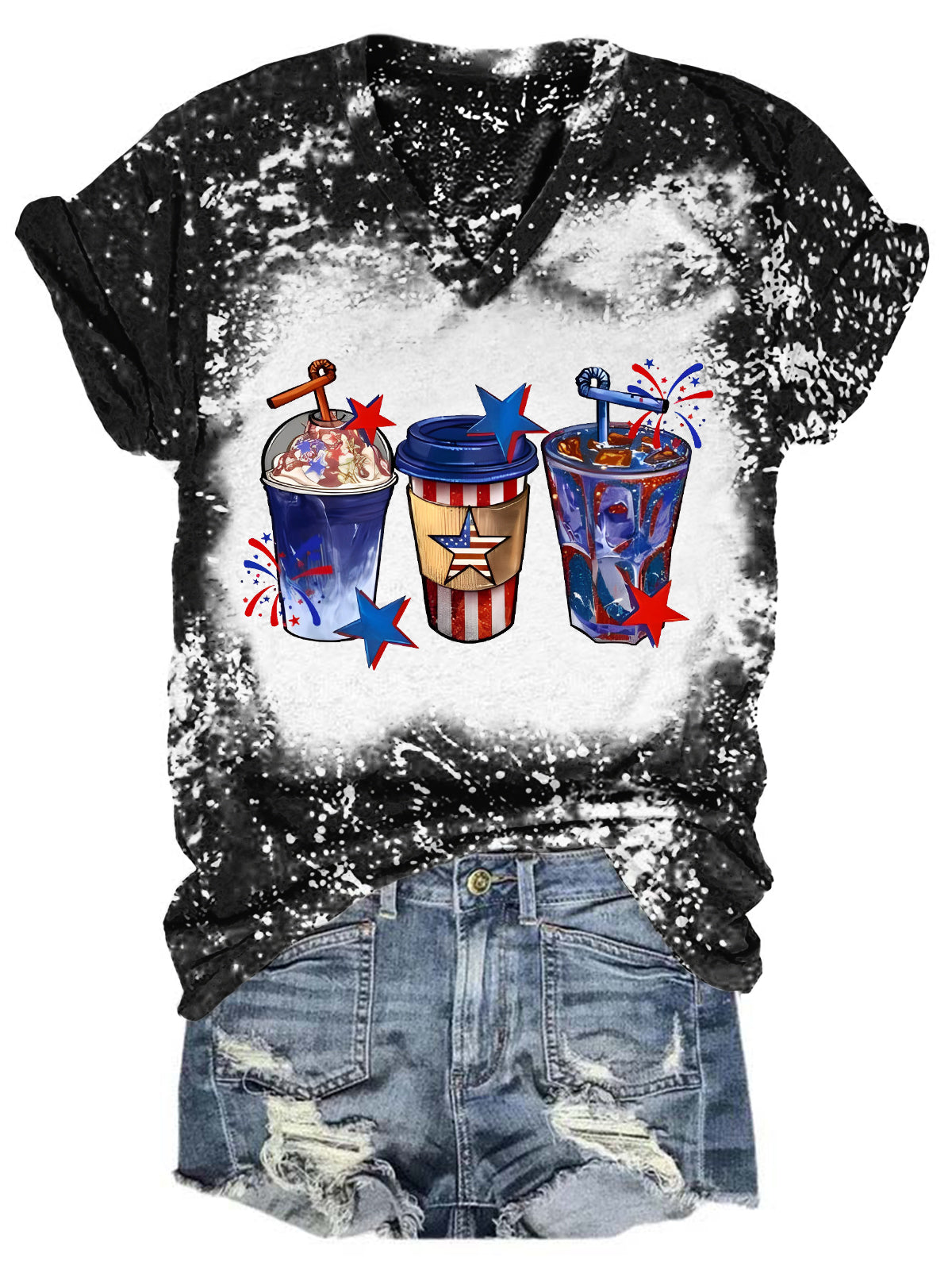 4th Of July Coffee Drink Tie Dye V Neck T-shirt