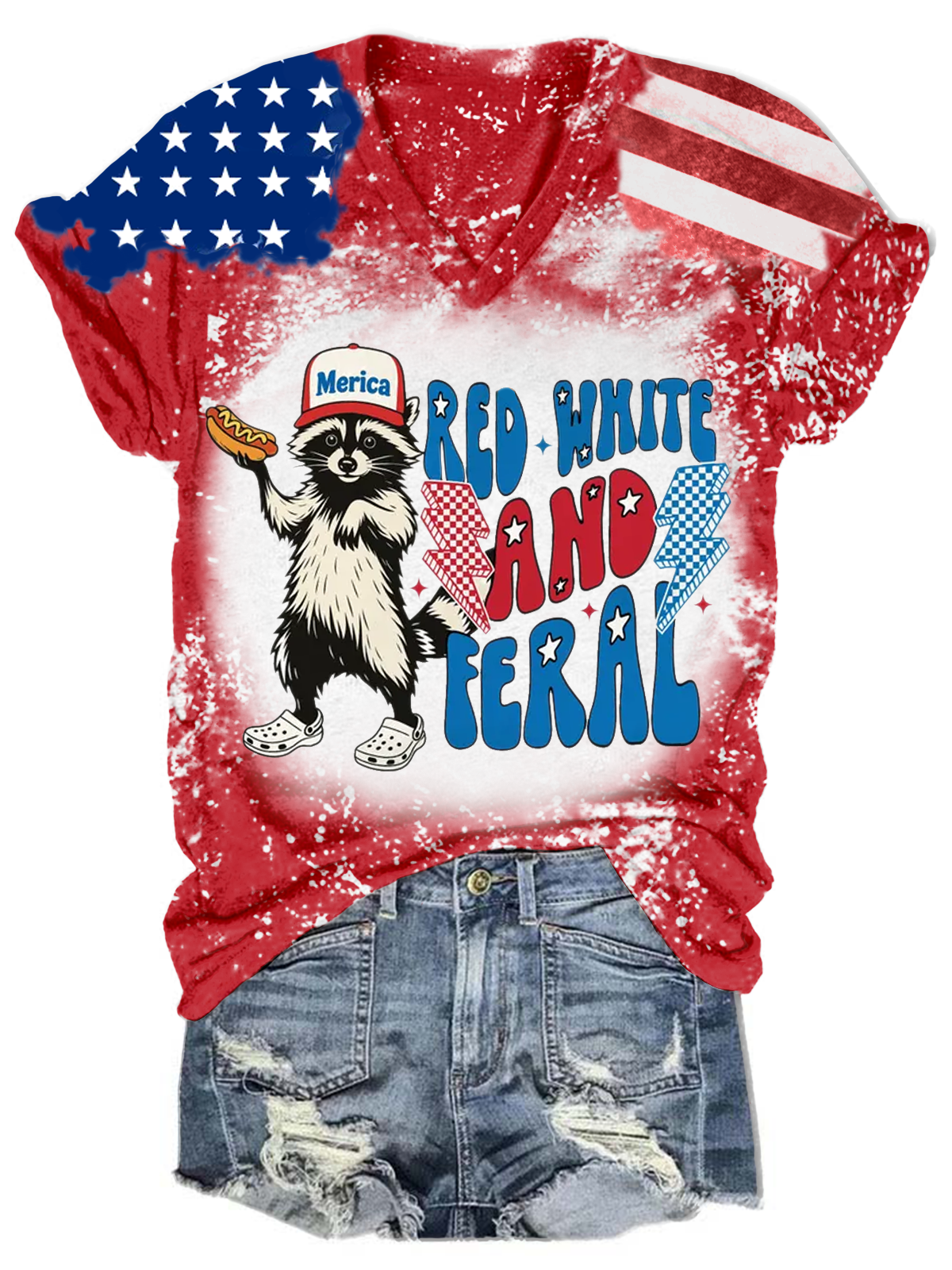Red White And Feral Funny Raccoon V-neck T-Shirt