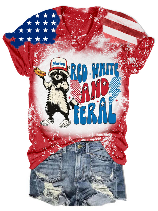 Red White And Feral Funny Raccoon V-neck T-Shirt