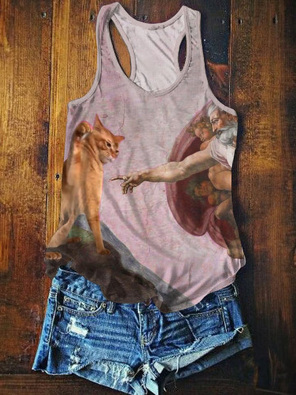 Funny Cat Art Print Casual Tank Top