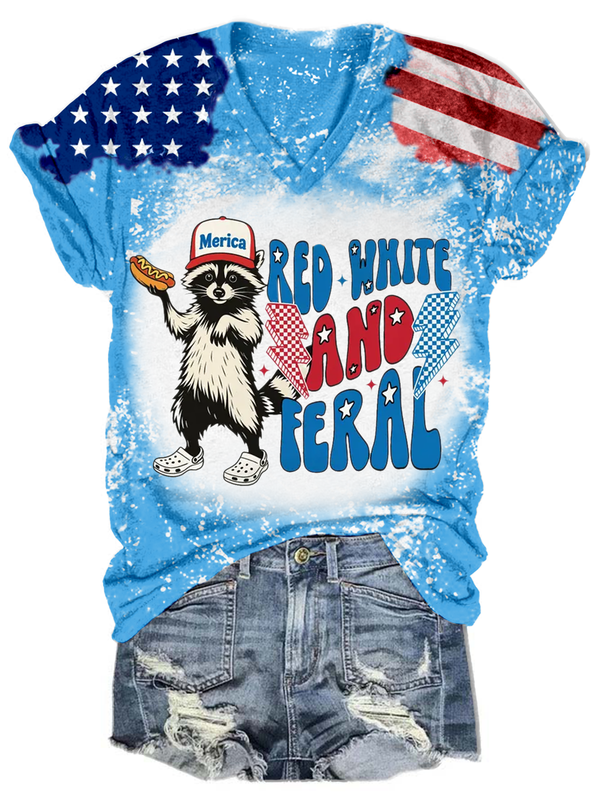Red White And Feral Funny Raccoon V-neck T-Shirt