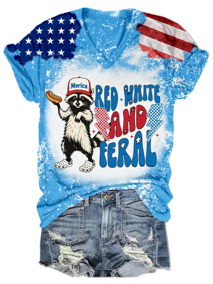 Red White And Feral Funny Raccoon V-neck T-Shirt