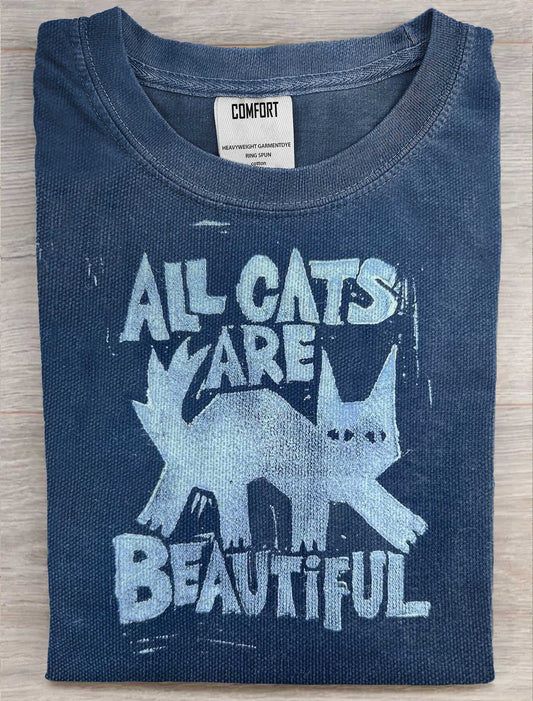 Vintage Funny Cat Art Print Casaul Short Sleeve T-shirt