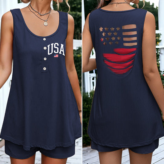 Stars and Stripes 4th of July USA Flag V Neck Button Tank