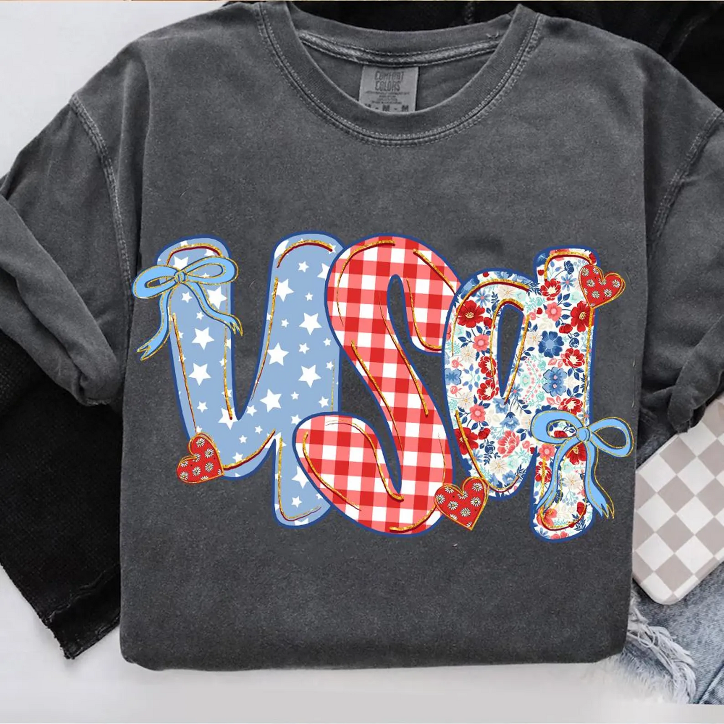 Coquette Floral USA Glitter Retro Tee