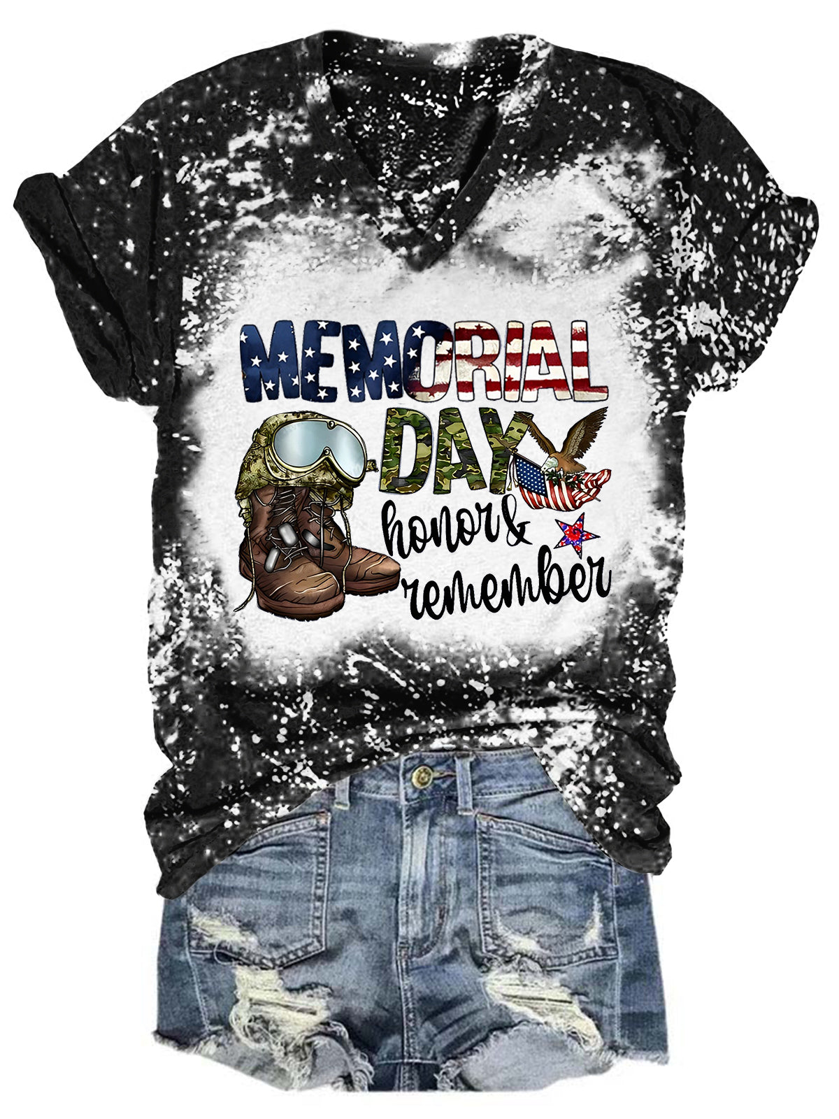 Memorial Day Honor And Remember Tie Dye V Neck T-shirt