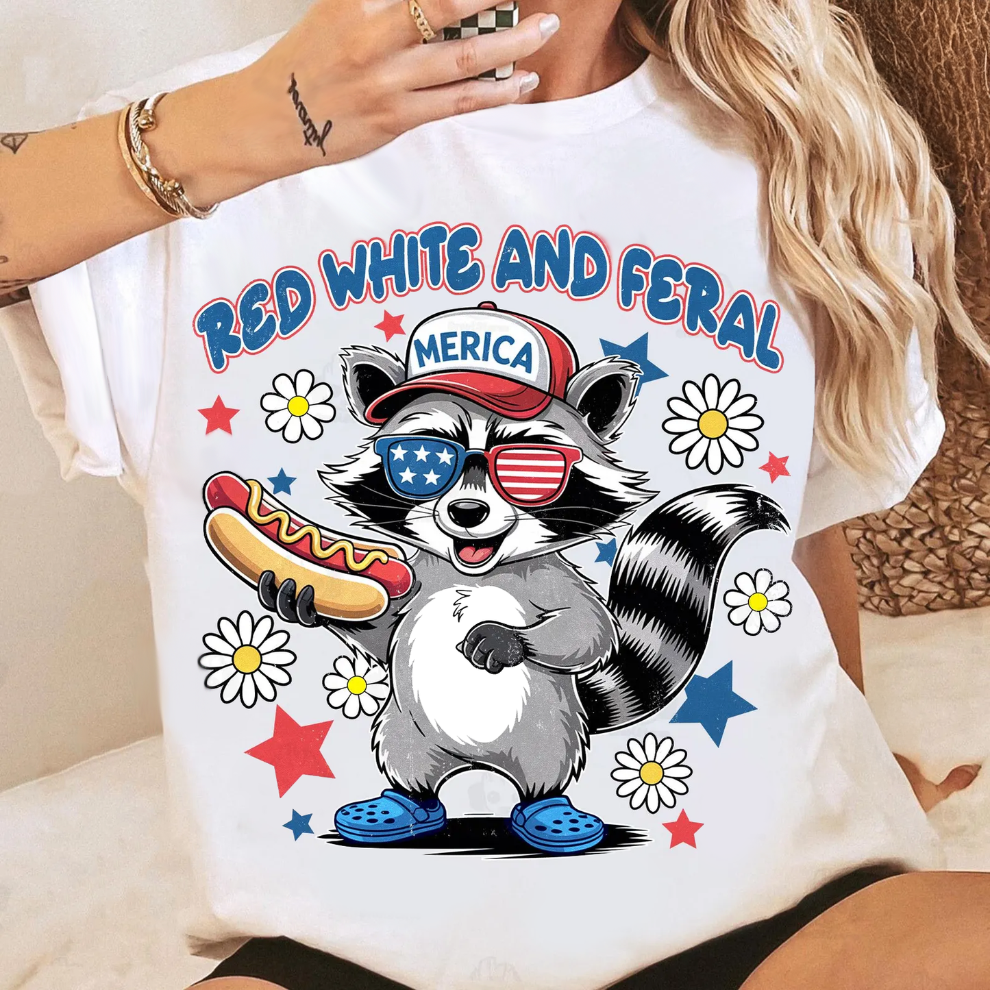 Red White And Feral Funny Raccoon Hot Dog Shirt