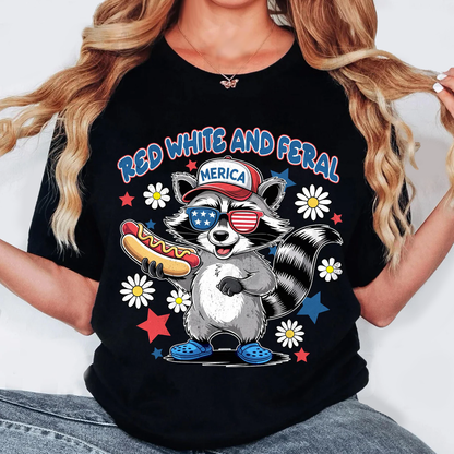 Red White And Feral Funny Raccoon Hot Dog Shirt