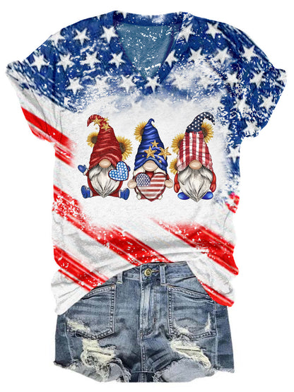 Star Stripe Gnomes USA Flag V Neck T-shirt