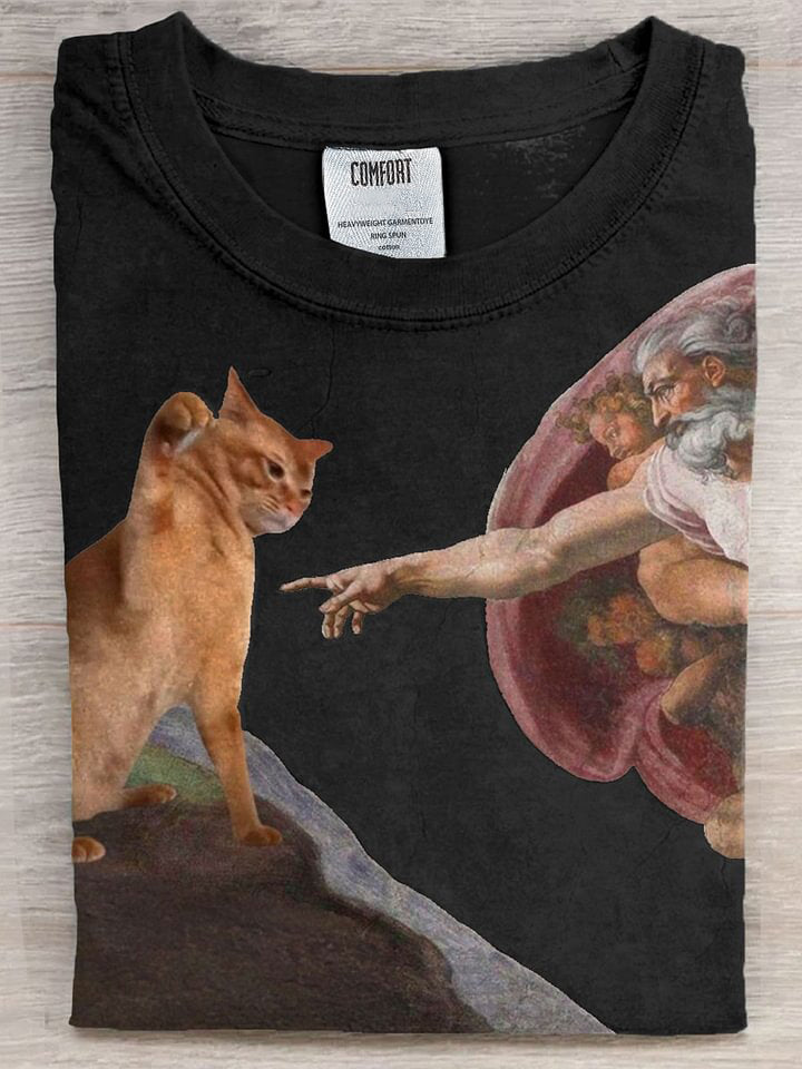 Vintage Funny Cat Art Print Casaul Short Sleeve T-shirt