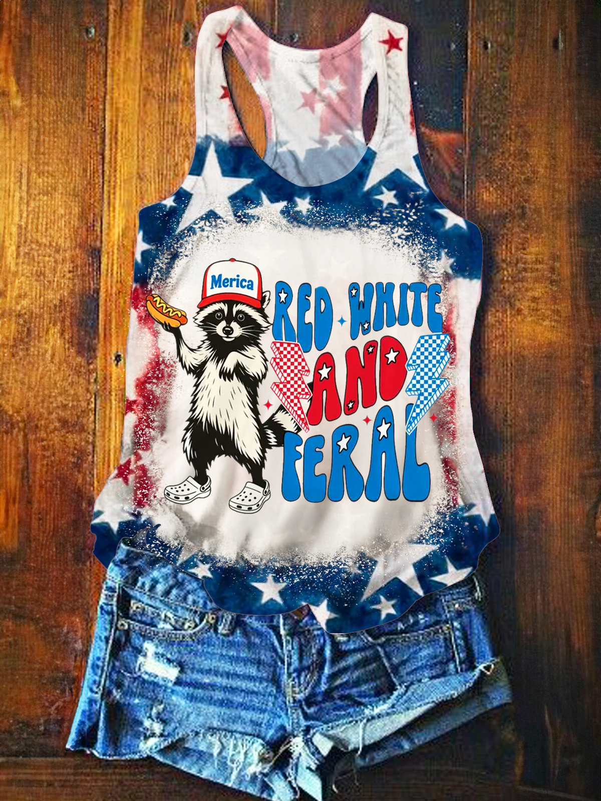 Red White And Feral Funny Raccoon Printed Casual Tank Top