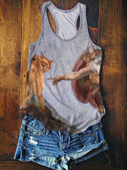 Funny Cat Art Print Casual Tank Top