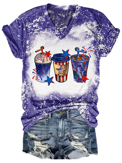 4th Of July Coffee Drink Tie Dye V Neck T-shirt