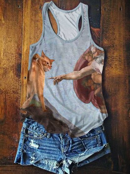 Funny Cat Art Print Casual Tank Top