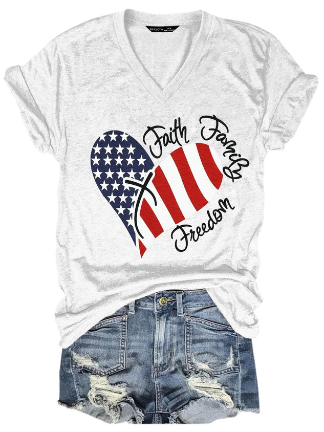 American Flag Print Faith Family Freedom Letter Casual Short Sleeve T-Shirt