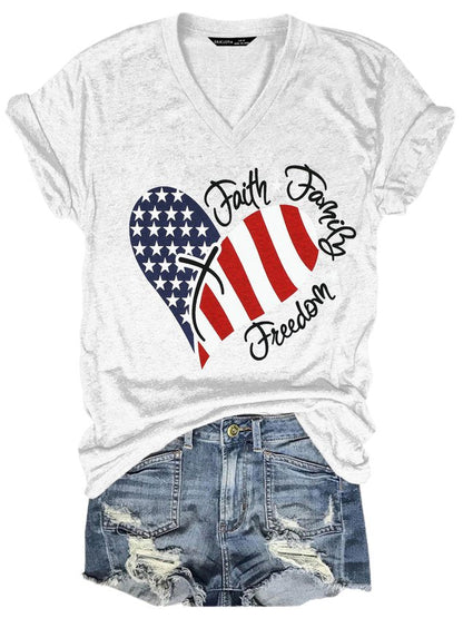 American Flag Print Faith Family Freedom Letter Casual Short Sleeve T-Shirt