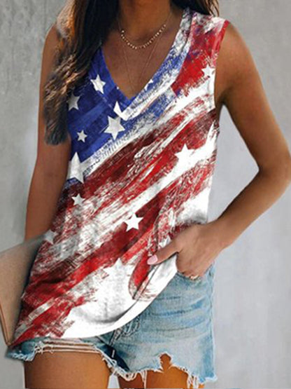 Flag V Neck Cotton Blends Casual Knit Tank