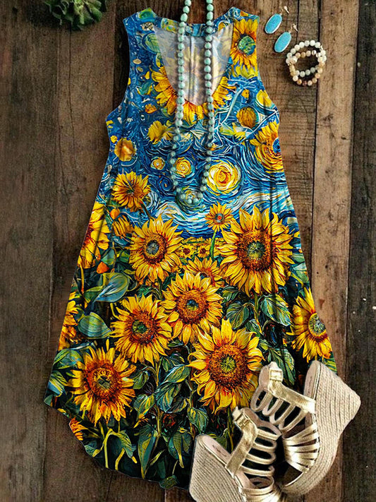 Summer Sunflower Print Sleeveless V Neck Dress