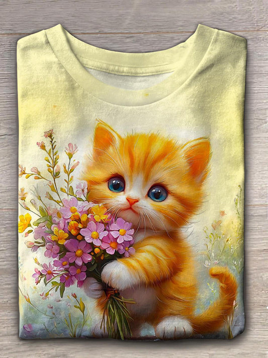 Cute Cat Daisy Crew Neck T-shirt