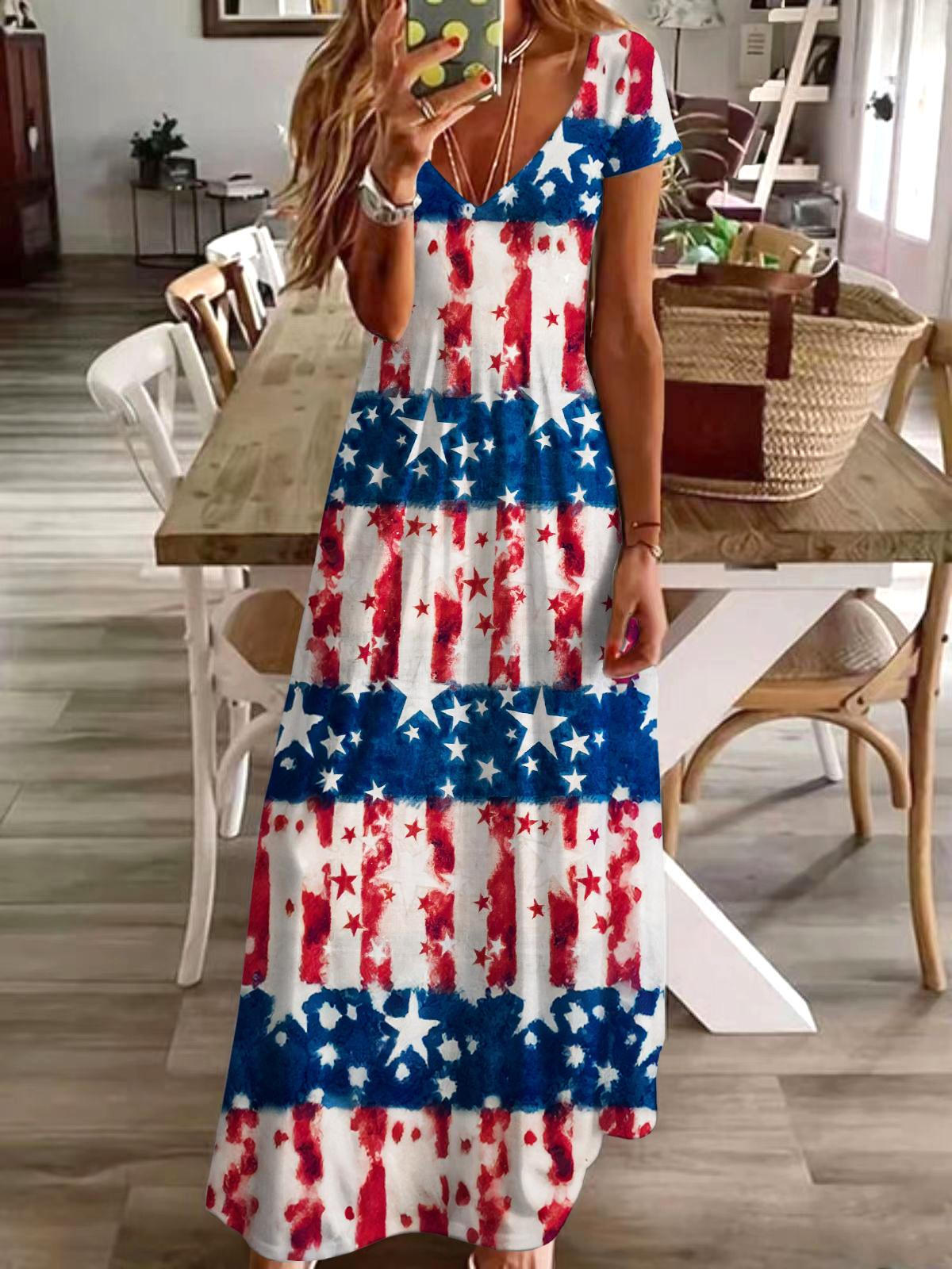 Independence Day Stars And Stripes Print Short Sleeve V Neck Maxi Dress