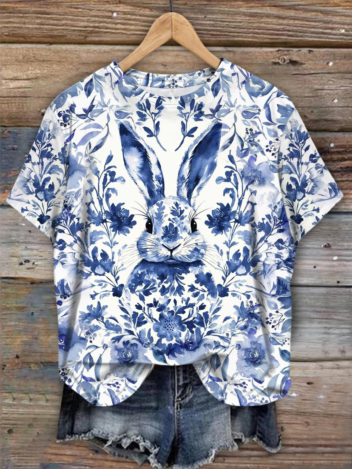 Ostern Aquarell Blumen Hase Rundhals T-shirt 