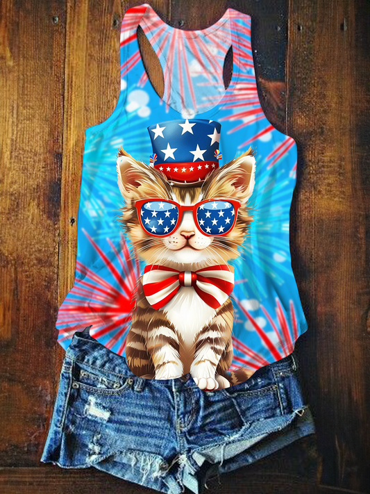 Independence Day Fireworks Flag Cat Art Printed Casual Tank Top