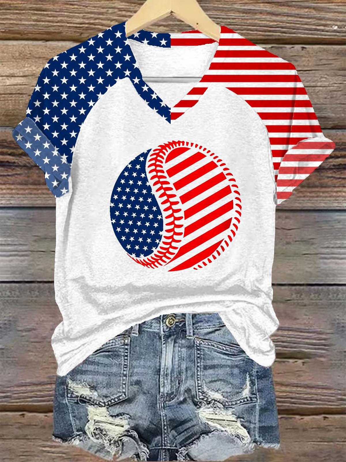 Vintage Independence Day Flag Baseball Print V-neck T-Shirt