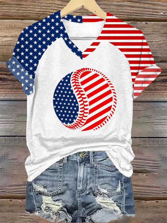 Vintage Independence Day Flag Baseball Print V-neck T-Shirt