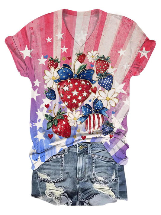 Boho 4th of July Strawberry V-neck T-Shirt