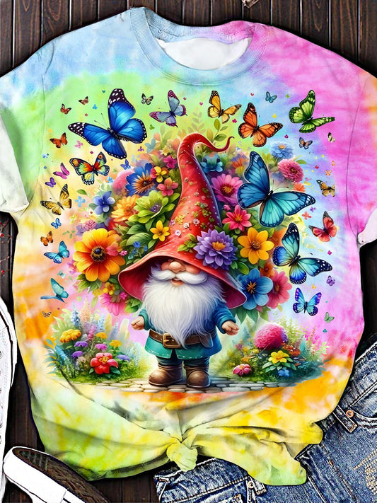 Spring Floral Gnome Butterfly Print Crew Neck T-shirt