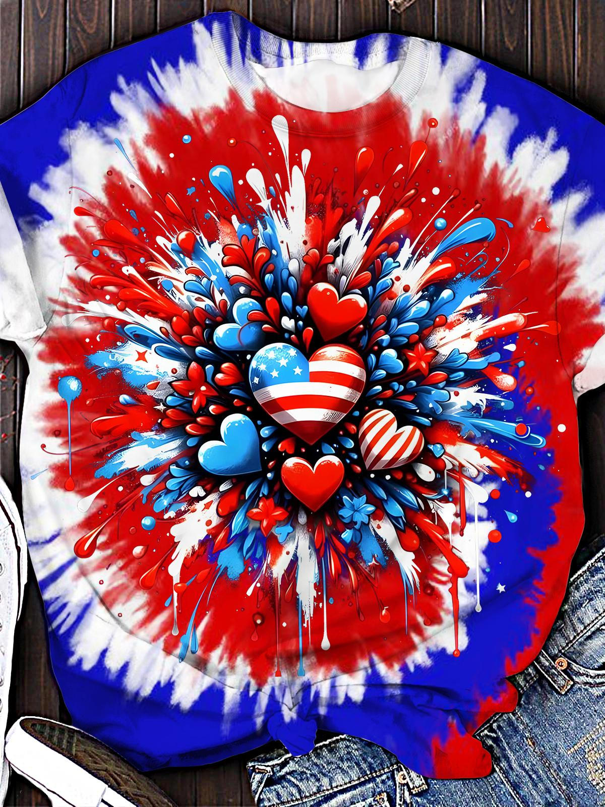 Independence Day Love Fireworks Printed Crew Neck T-shirt