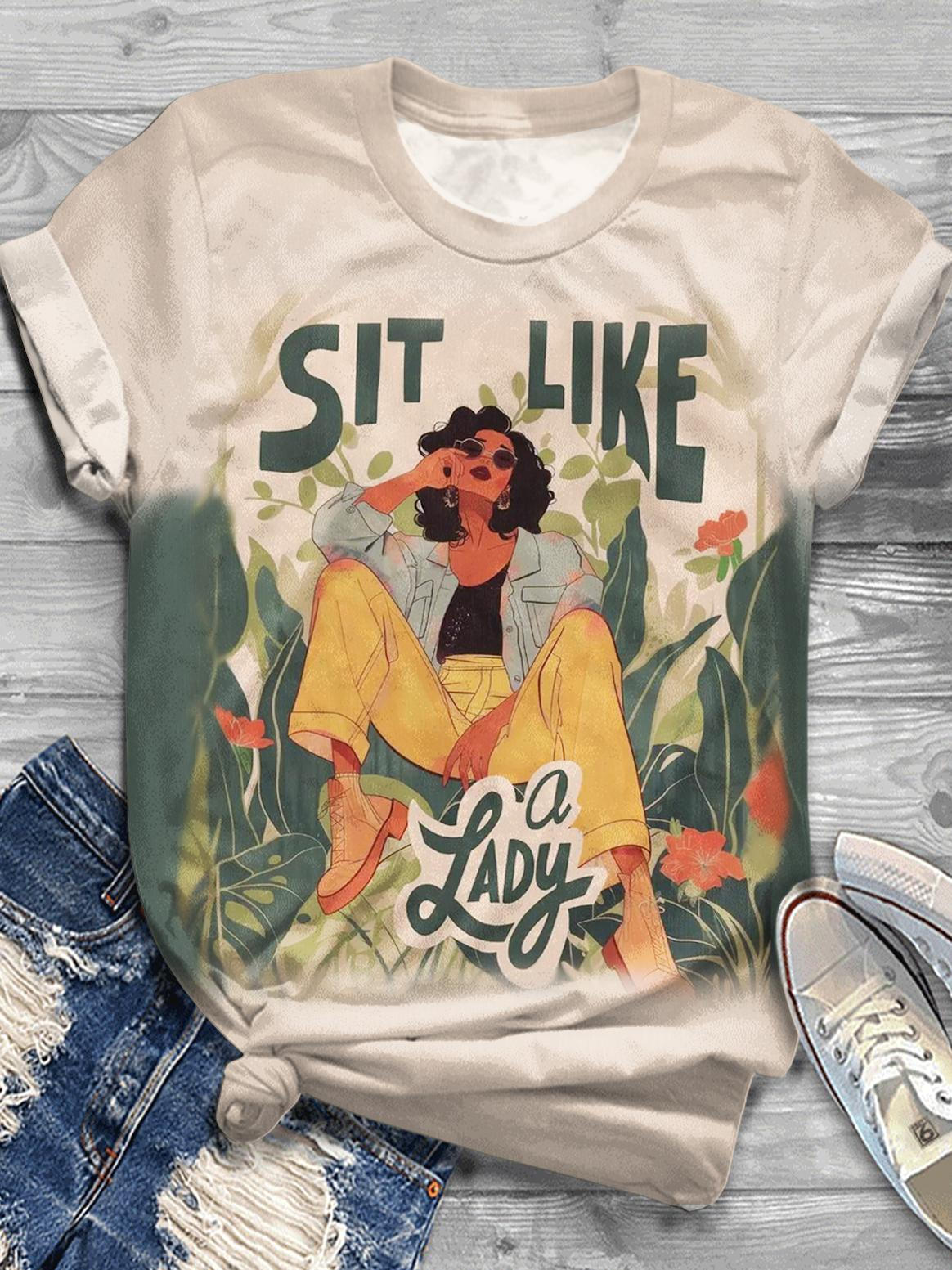 Sit Like A Lady With Fun Prints Crew Neck T-shirt